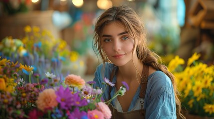 Young Woman With Blue Eyes Smiling at Flower Market