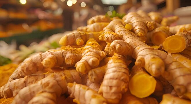 Fresh turmeric roots on a blurred spice market, golden healer