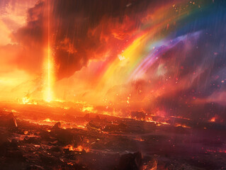 Rainbow backdrop into a tale of love and loss amidst a world consumed by flames