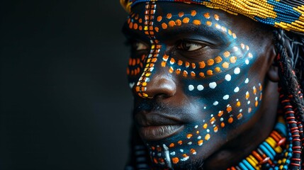 Profile View of Man with Traditional African Tribal Face Paint