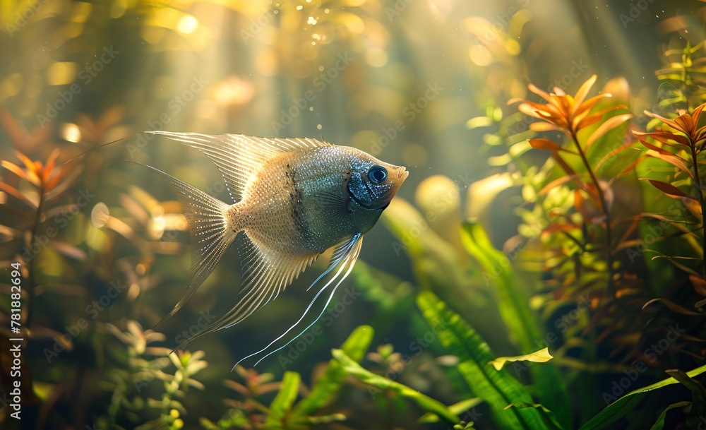 Poster underwater serenity a close encounter with a striking fish in a lush aquatic environment generative 