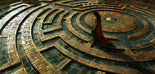 A labyrinth featuring intricate patterns inspired by ancient Aztec hieroglyphs.