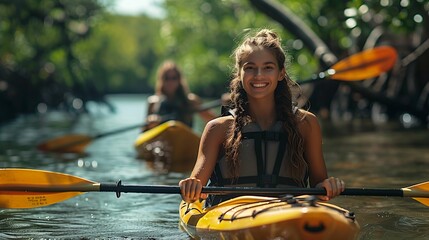 Smiling Young Woman Kayaking in River Mangroves - obrazy, fototapety, plakaty