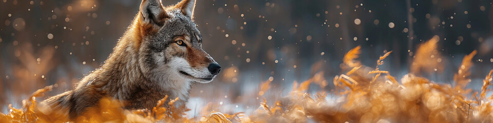 Fototapeta premium gray wolf in autumn field in forest close up