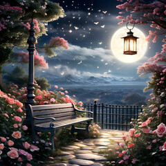 benches in the park with brightly shining moon and flowers in the night sky - obrazy, fototapety, plakaty