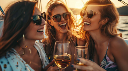 photo of three beautiful smiling women in sunglasses, on yacht boat with wine glasses - obrazy, fototapety, plakaty