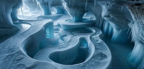 A labyrinth of intertwining patterns carved into towering ice formations.