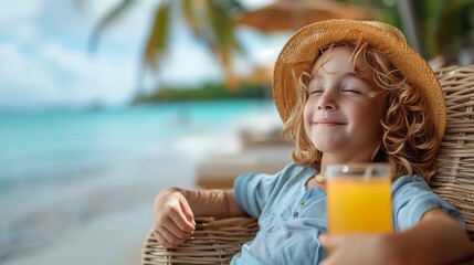 Young Boy Relaxing with Juice at Tropical Resort