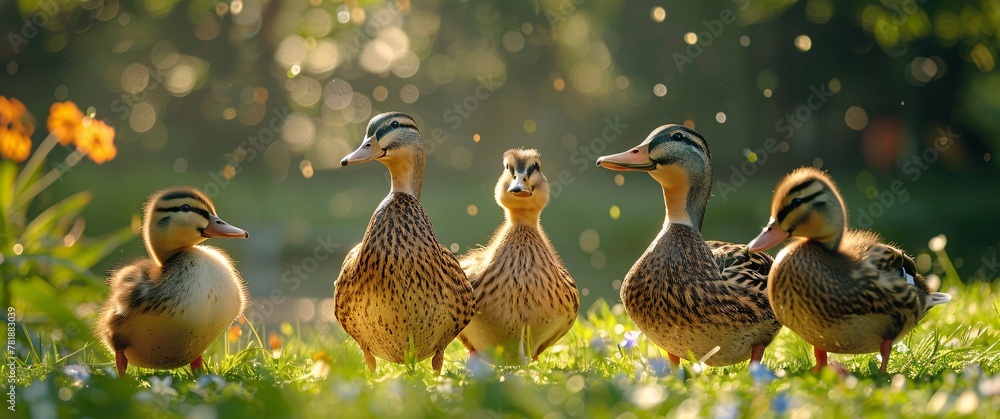 Poster three ducklings in a field of flowers generative ai