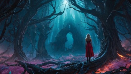A woman in a striking red cloak stands in a twisted, otherworldly forest, creating a stark contrast with the dark, magical environment.. AI Generation - obrazy, fototapety, plakaty