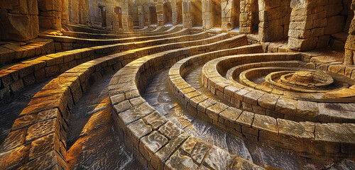 A labyrinth with intricate patterns carved into ancient stone walls.