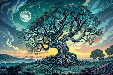 Yggdrasil Norse Mythology Tree of Life under a Cosmic Sky with Moon and Stars
