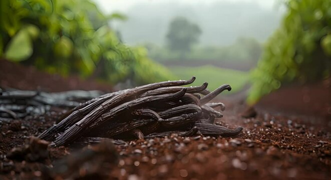 Fresh vanilla pods over a misty agricultural background,