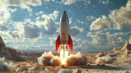 Space rocket - a concept of success, leadership, startup, rivalry 3D rendering,Rocket liftoff. Space shuttle take off on red planer Mars. Rocket launch into sky,paceship takes off on the planet Mars

