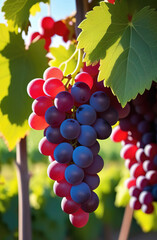 Fototapeta premium Bunch of red and blue grapes in vineyard with green leaves on sunny summer day