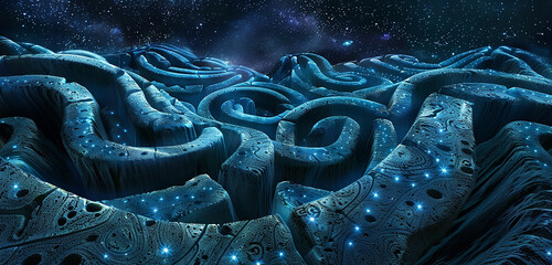 A labyrinthine network of paths with glowing patterns illuminated by starlight.