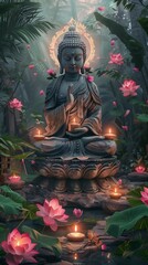 Tranquil Buddha Statue In Meditation Amidst A Pond Of Floating Lotus Flowers And Candles, Mystical Garden. Vesak Celebration, Spa Zen Decor. Vertical Banner. AI Generated