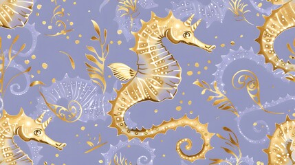 gold seahorses on blue background, seamless pattern