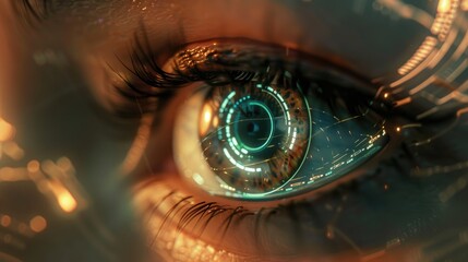 Close-up of a cybernetic eye reflecting advanced technology, illustrating futuristic vision and biotech.