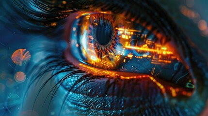 A close-up reveals the intricacies of a cybernetic eye, its reflective surface showcasing advanced technology and embodying the concept of futuristic vision and biotech innovation.