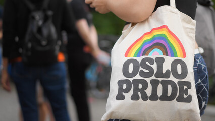 Bi girl hold colorful rainbow bag close-up. Lgbt pride sign. No stop homophobia concept. Gay parade...