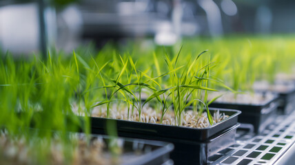 Young paddy saplings growing in trays in an indoor agriculture facility. - obrazy, fototapety, plakaty