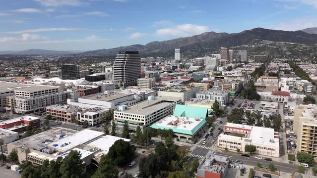 Glendale, California in the San Fernando Valley below the Verdugo Mountains - aerial flyover
