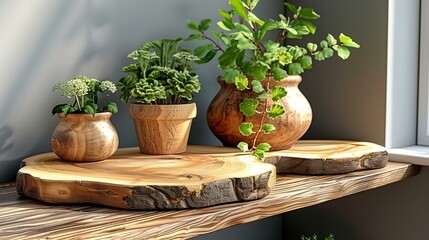 A rustic wooden slice serving platter with visible wood grain, elegantly displaying potted plants and small vases on the shelf in an office setting.