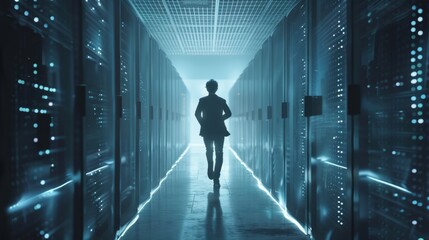 Silhouette of a Professional in Data Center Corridor. - obrazy, fototapety, plakaty