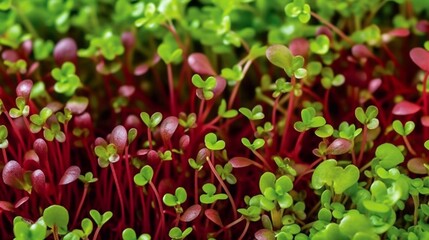 Microgreens vegetables, red background. Generative AI