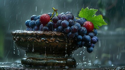 A bowl filled with vibrant grapes and juicy raspberries sitting outdoors in the rain - obrazy, fototapety, plakaty