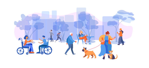 People going along city street With trees. Fashionable woman walks with a dogs. Urban panorama with buildings. The concept of including people with disabilities and people of different ages in social