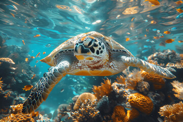 Sea turtle swimming among caribbean corals in a turquoise sea or ocean water