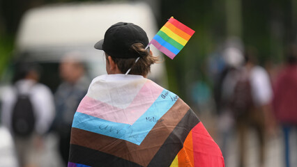 Gay person wear little lgbt rainbow flag head top. Multi-colored pride parade symbol. Same sex love...