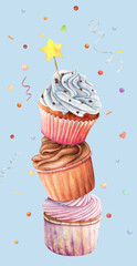Cupcake muffin candy watercolor drawing card star. Birthday lolly pop chocolate cream. Cake confectionery bakery vanilla dessert illustration. Celebration pastry aquarelle flame fire isolated on pink