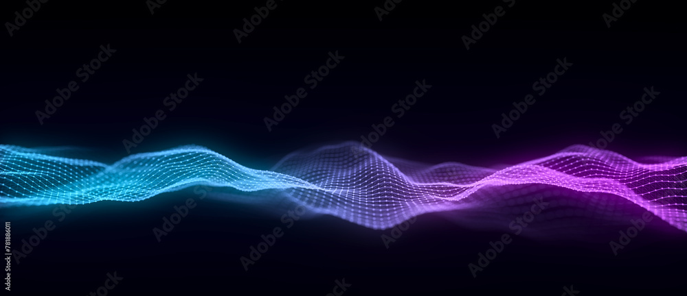 Fototapete Music color wave of particles and lines. Big data visualization. Abstract blue background with a dynamic wave. 3d rendering.