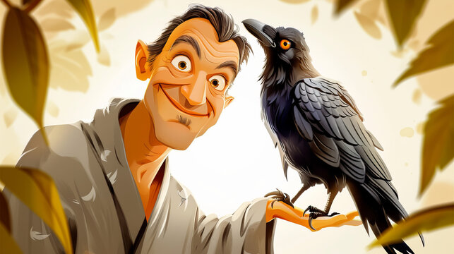 A cartoon drawing of a man and a crow
