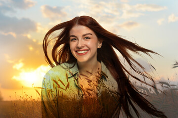Fototapeta premium Double exposure of beautiful woman and plants in field at sunset