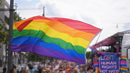 Many people wave rainbow flag. Crowd walk city street. Fun lgbt community symbol. Stop no...