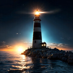 The moon shining in the dark night sky and the lighthouse lit on the cliffs