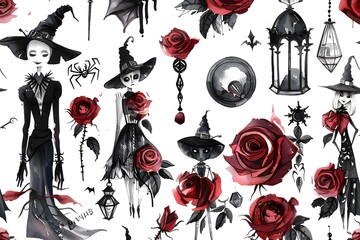 Gothic fantasy clipart set, watercolor style with gothic elements on white background
