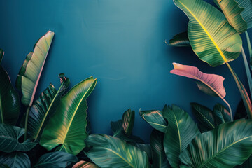 Slide Background with tropical leaves framing on a blue wall. Background image. Created with Generative AI technology.