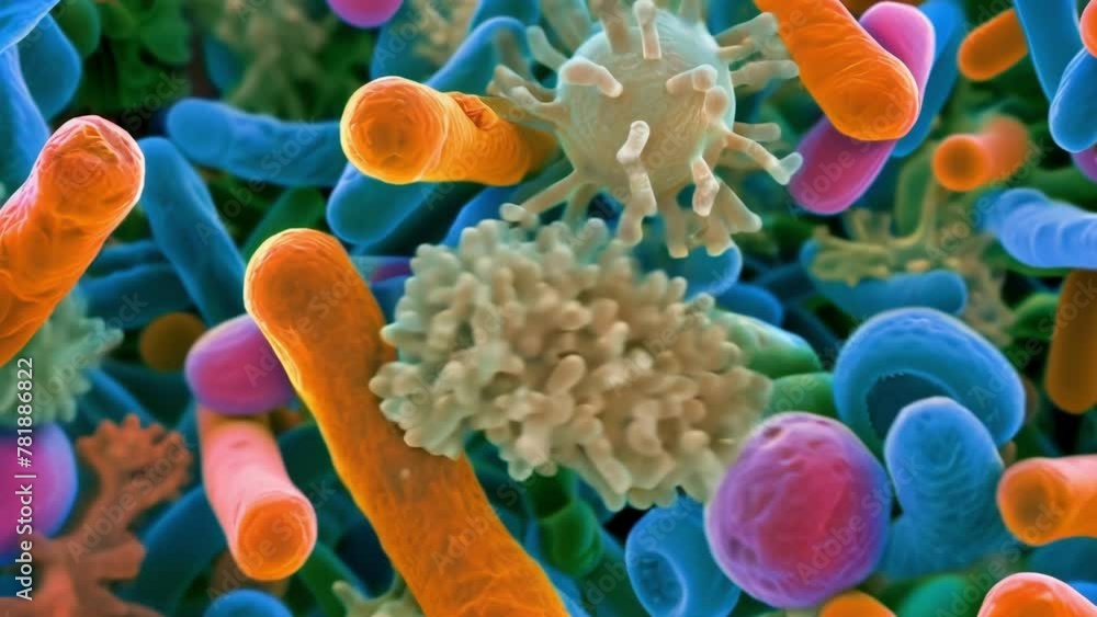 Poster a microscopic image of a vibrant and diverse bacterial community with various shapes and sizes of ba