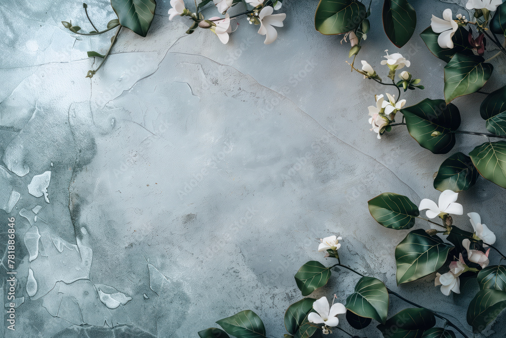 Poster slide background with green leaves and white flowers framing on a grey stucco wall. background image