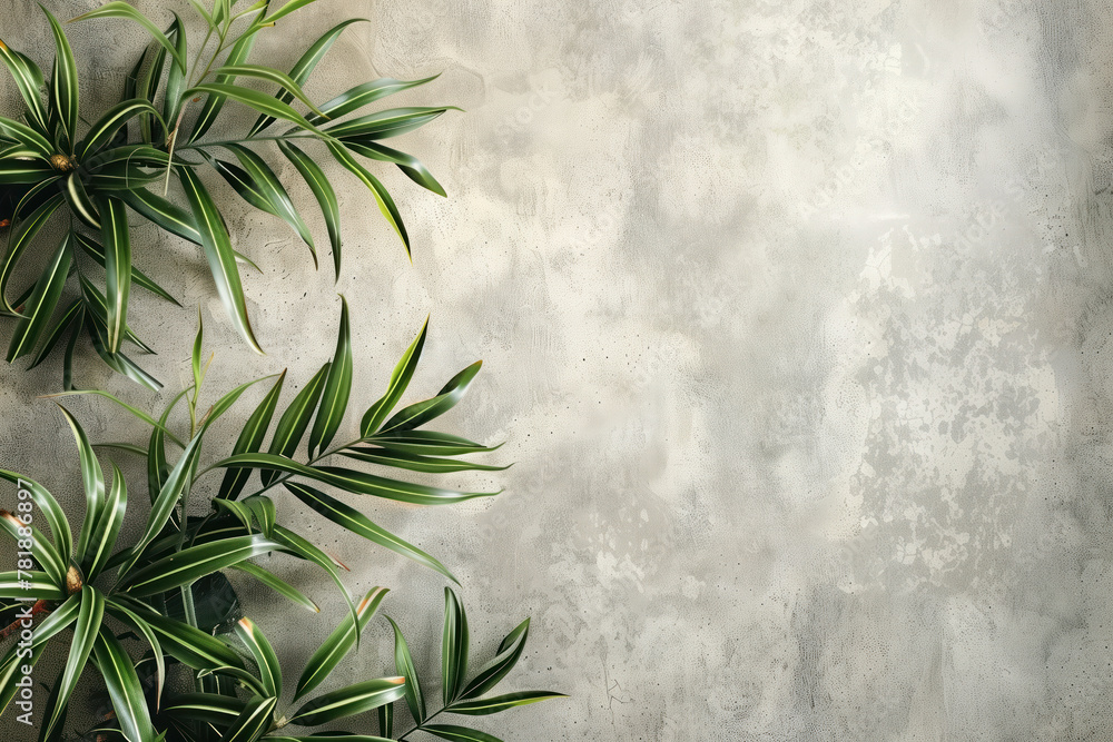 Poster slide background with green leaves on a grey stucco wall. background image. created with generative 