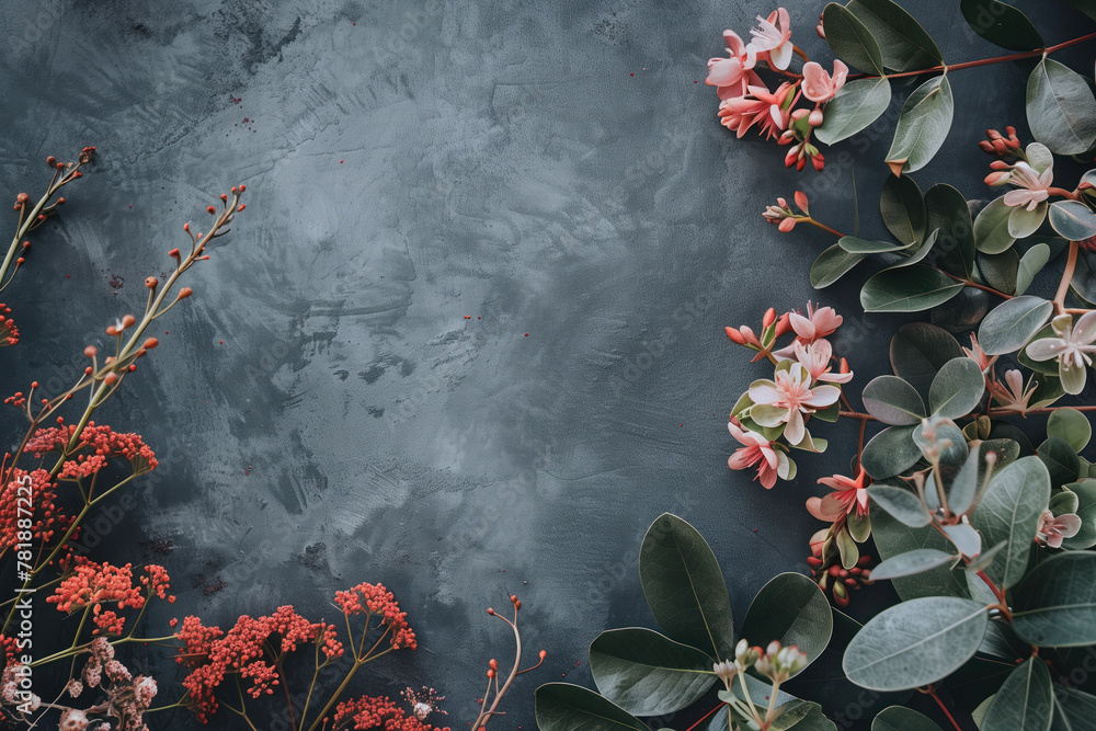 Aufkleber slide background with colorful leaves and flowers framing on a grey stucco wall. background image. c