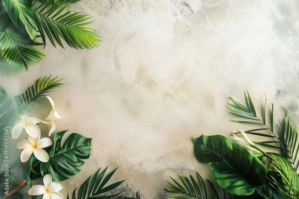 Poster slide background with tropical leaves and flowers framing on a white stucco wall. background image. 