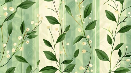 green seamless pattern with small leaves and stripes background