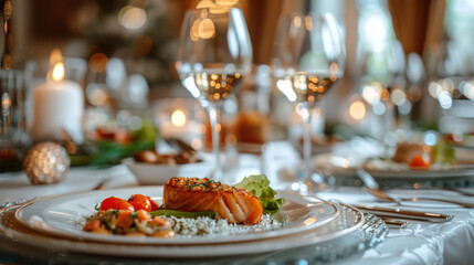 Luxury food service, main course served at a restaurant or formal dinner event in classic English style in the luxurious hotel