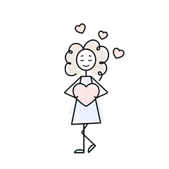 teen girl character in love black outline pencil drawn sketch
